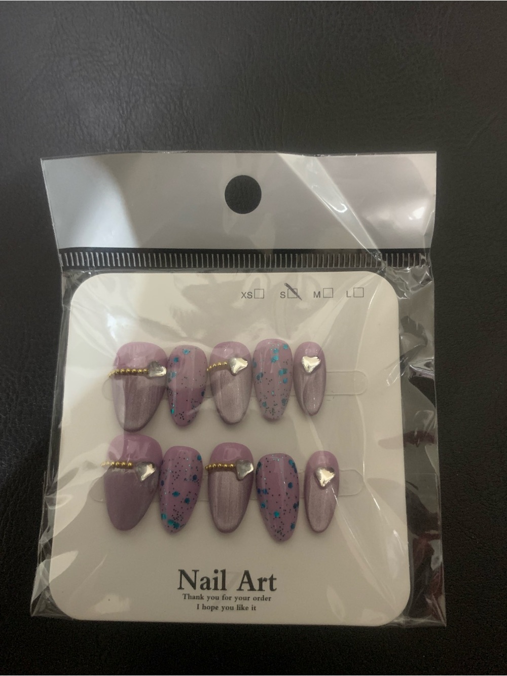 Lavender Press-On Nail Set with Turquoise Glitter & Heart Accents